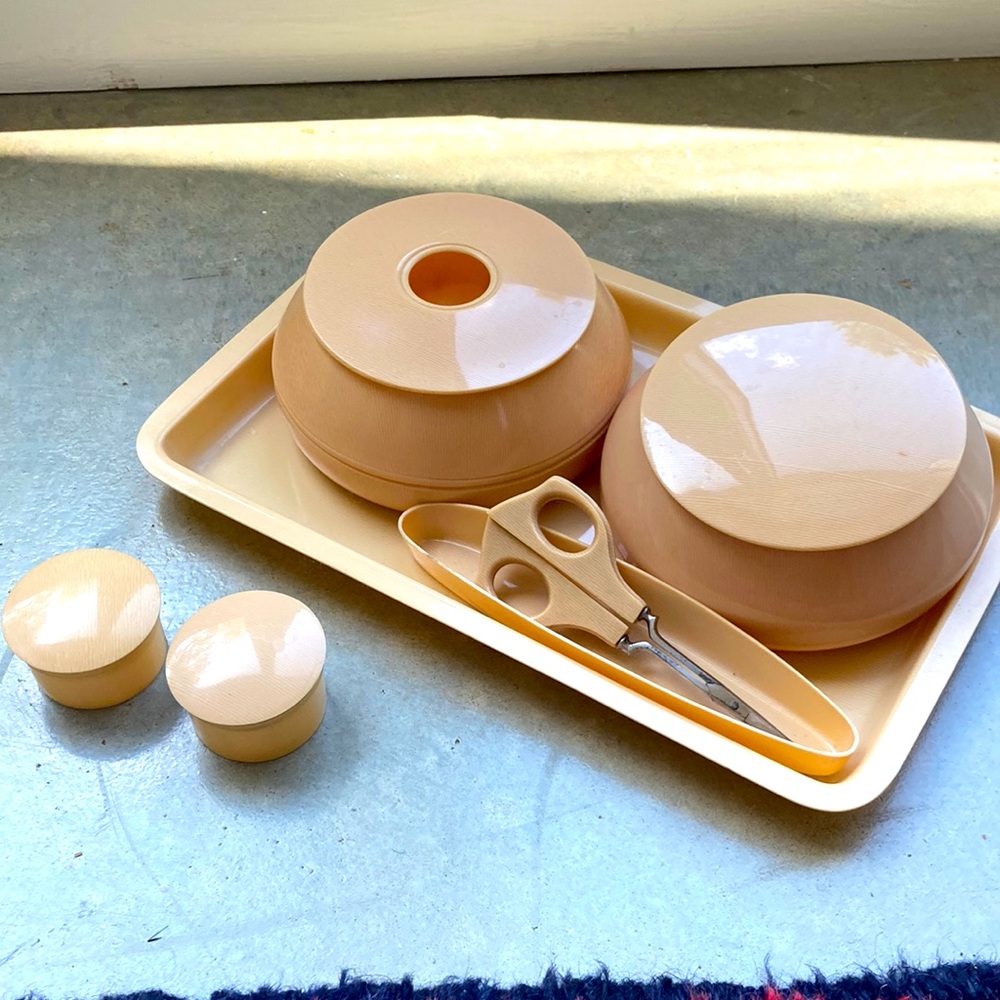 Vintage celluloid 1930s vanity boudoir set. Hair receiver pill boxes Scissors